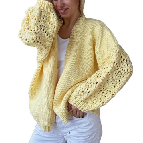 Damenpullover, einfarbig, modisch, mit Cut-Outs, Patchwork, langärmelig, lässig, Strickoberteil, Cardigan, Pullover für Damen (Gelb, XL)