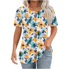 Lässige Damen-Tunika-Tops mit kurzen Ärmeln, Rundhalsausschnitt, locker geschnitten, sommerliche Bluse mit Blumenmuster