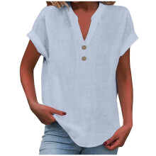 T-shirt VERUGU pour femme, manches courtes, col V, coton et lin, bleu clair, taille XL, coupe ample et décontractée – Compatible avec les leggings