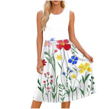 Zomerjurken voor dames: zwierige, casual, mouwloze midi-jurk, boho strandjurk, vakantiejurk met bloemenprint en zakken.