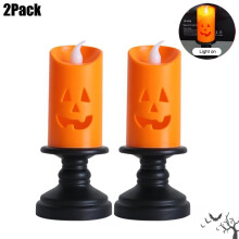 2 Halloween-Kürbis-Kerzenlichter, orangefarbene flammenlose LED-Kerzenlampen, Festtagsdekoration für Halloween-Partys