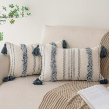 Fodere per cuscini decorativi Boho 12x20, set da 2, federe per cuscini lombari in stile rustico trapuntato con nappe, a righe testurizzate, blu scuro