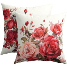 Fodere per cuscini con motivo floreale di rose rosse 22x22", fodere quadrate in cotone e lino per divano, sedia, letto - Decorazioni per San Valentino