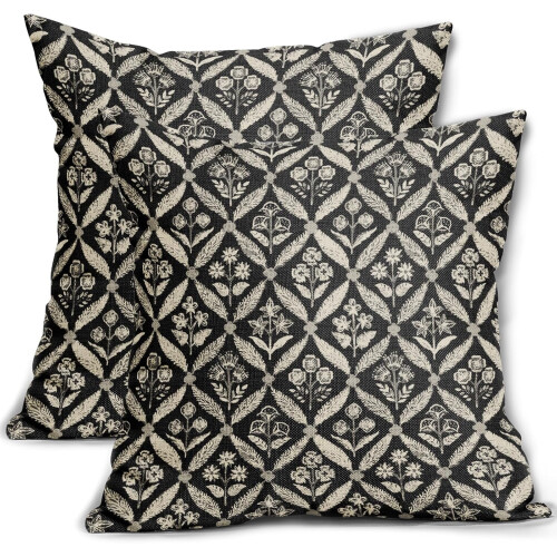 Μαύρες Μαξιλαροθήκες με Floral Block Print 20x20, Σετ 2 τεμαχίων, Διακοσμητικές θήκες για