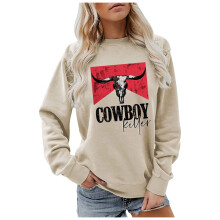 Blusas de moletom femininas com estampa vintage de cowboy, manga longa e gola redonda, estilo outono/inverno, modelagem relaxada e moderna.