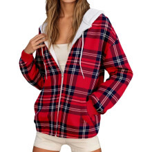 Dames hoodie met ruitjespatroon, fleecevoering en ritssluiting.