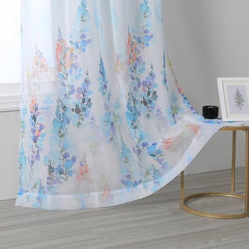 Cortinas longas de 63 polegadas (160 cm) de comprimento para quarto e sala de estar, com estampa floral azul, ilhós, semitransparentes, conjunto de