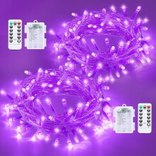 Pachet de 2 lumini de Crăciun mov, 33ft, cu baterii, 100 LED, impermeabile pentru exterior/interior, telecomandă și 8 moduri, cablu transparent
