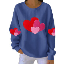 Damen-Sweatshirt mit Herzmotiv zum Valentinstag, gerippt, Rundhalsausschnitt, lang