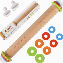 Rodillo de madera ajustable con 4 anillos de grosor y guía de medición – para fondant, pizza, masa de tarta, galletas y repostería.
