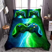 Juego de ropa de cama para gamers con diseño de rayo rojo/azul y mando de videojuegos – Individual, azul verdoso, compatible con Xbox/PlayStation