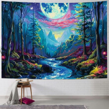 Tapisserie murale Forêt Fantastique Étoilée – Galaxie, Lune, Planètes et Champignons Néon (101,6 x 76,2 cm), Convient pour une chambre ou un