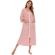 Női pamut bokáig érő, cipzáras, zsebes köntös, félujjas, csíkos, O-nyakú, plusz S-XXL méret, rózsaszín