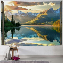 Mountain Tapestry Nature Lake Forest View Sunrise Landscape Through Brown Window Home Decor Wall Hanging Art for Living Room Bedroom Dorm Painting