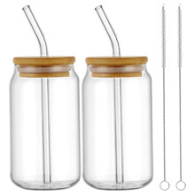 Gobelets en verre OUNONA avec couvercles en bambou et pailles pour un usage quotidien - Design transparent - Lot de 2