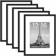 12x16 Picture Frame Set of 5, Display Pictures 8.5x11 with Mat or 12 x 16 Without, Wall Gallery Poster Frames, Black