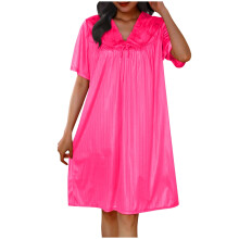 Nattlinnen i plusstorlek för kvinnor, utförsäljning, enfärgad v-ringad kortärmad pyjamasklänning för hemmabruk, lång pyjamasklänning rosa XXL