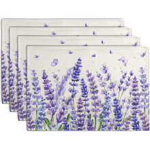 Set van 4 lavendelkleurige placemats, linnen met paarse bloemen en vlinders, rustieke bloemenprint voor lente/zomer, wasbaar, landelijke