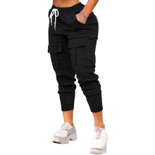 lulshou Cargo Pants Dames Effen Kleur Casual Mode Cargo Broek met Zakken voor Dagelijks Gebruik & Lichte Workouts, Zwart, L