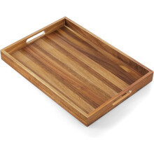 Plateau de service rectangulaire décoratif en bois d'acacia de 43 cm avec poignées – Idéal pour pouf, lit, table basse, salon, chambre, entrée