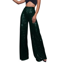 Weit geschnittene Hose für Damen, hochtaillierte Sommerhose für Damen, Paillettenhose mit lockerem Fall, modische Freizeithose in Grün