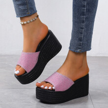 Sandali con zeppa da donna, tacco Matsu, suola spessa, tacco a falda, scarpe da donna traspiranti, sandali da spiaggia slip-on rosa, taglia US 6.5