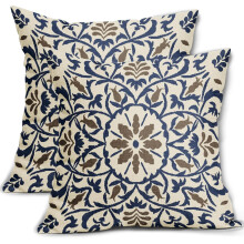 Conjunto de 2 capas de almofada boho em azul marinho e marrom, 50x50cm, com estampa floral vintage em linho, para decoração de fazenda/área