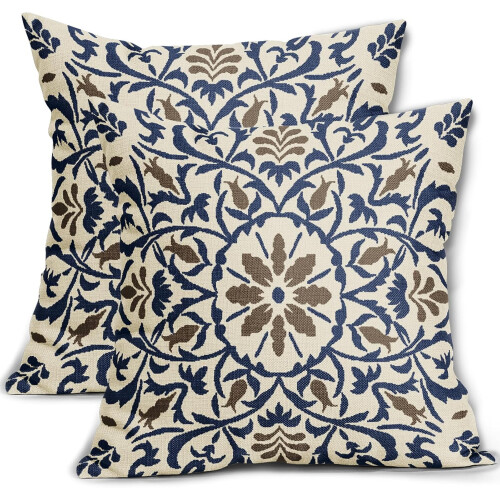 Fodere per cuscini in lino stile boho, marrone navy, 20x20 pollici, set da 2