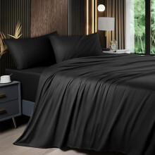 4-teiliges Queen-Size-Bettwäscheset, Bambus-Viskose, tiefe Taschen (40 cm), atmungsaktiv und weich, seidig-weiche Hotelbettwäsche, Schwarz