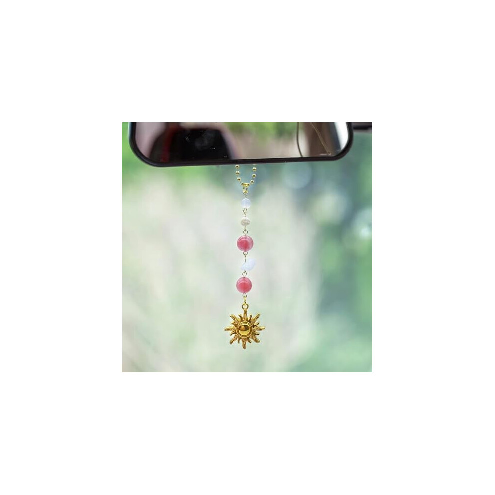 Sun Hanging Car Charm, & Boho Rearview Mirror Decor With Healing Crystals Â Compatible With All Cars (Pink) Green/Gold/Pink 9175034706295