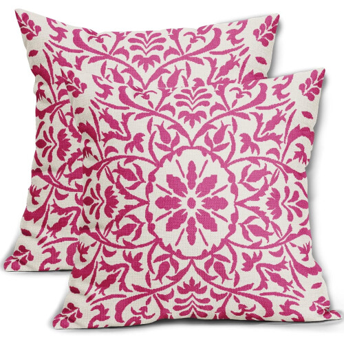 Conjunto de 2 capas de almofada boho rosa choque em linho, 50x50cm (20x20 polegadas).