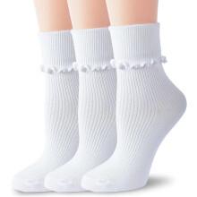 Womens Ruffle Socks Fashion Breathable Solid Color Turn-Cuff Cute Girls Ankle Socks 3 Pairs