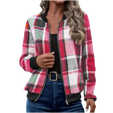 Dames flanellen shacket casual jas met rits en ruitpatroon, maat XL