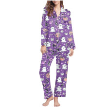 Women's Skull Print Pajama Set Purple Long Sleeve 2-Piece