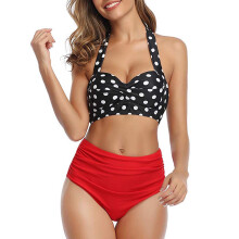 Naisten vintage-uimapuku, kaksiosainen retrotyylinen halterikaulusbikini, rypytetty korkea vyötäröinen alaosa, printtibikinisetti, lahjoja