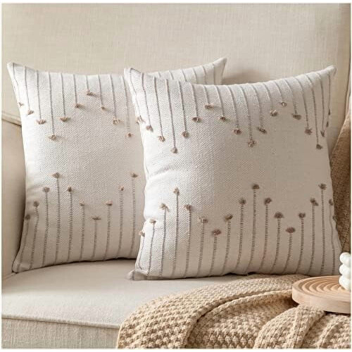 Μαξιλαροθήκες Boho 18x18, Σετ 2 τεμαχίων, Μπεζ & Ταμπά Γραμμή, Ουδέτερη Διακόσμηση για