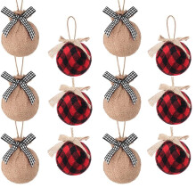 Buffalo Plaid Burlap Christmas Ornaments, 3.14in Farmhouse Xmas Decor, Black & White Rustic Balls for Home/Office – Compatible with Holiday Trees