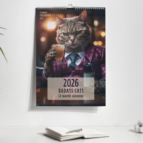Ημερολόγιο τοίχου 2026 με σχέδιο Badass Cats - 28x22 ίντσες, ανθεκτικό χαρτί, μοναδικό δώρο