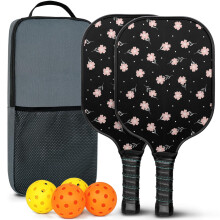 Pickleball Paddles Set with 2 Balls & Bag – Floral Fiberglass Rackets, Compatible with Indoor/Outdoor Play