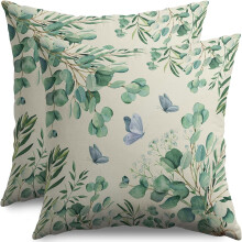 Fodere per cuscini primaverili 18x18, set da 2, verde salvia, acquerello, eucalipto e farfalla, decorazione in stile rustico per divano/letto –