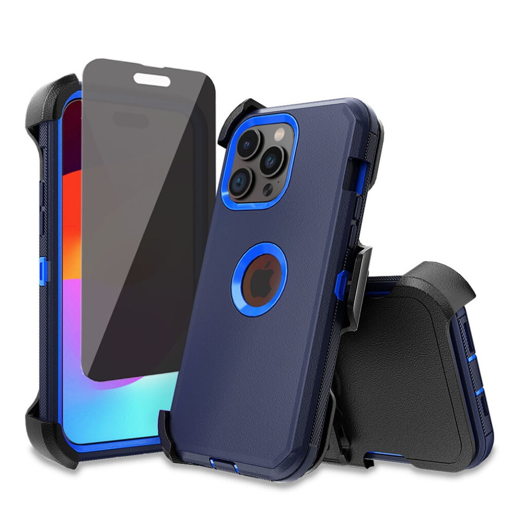 Xhy Case For Iphone 15 Pro Max W/ Privacy Screen, Belt Clip & Military-Grade Armor – Blue+ Dark/Blue 9423501678102