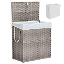 Wäschekorb mit Deckel, 110 l, handgeflochtener PP-Rattan-Wäschekorb mit Fächern und Griffen, faltbar, herausnehmbarer Einsatz, Grau