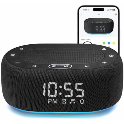 White Noise Machine with Alarm Clock, 30 Sounds, App Control, Dimmable 7-Color Light, Sleep Timer – Compatible with iOS/Android