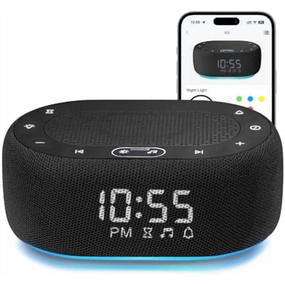 Noise Machine With Alarm Clock, 30 Sounds, App Control, Dimmable 7-Color Sleep Timer – Compatible With Ios/Android White/Light