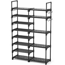 Metal Shoe Rack 8-Tier Holds 26-32 Pairs with 15 Hooks