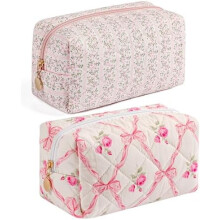 Roze make-uptasje met bloemenprint en strik, cosmetisch etui met ritssluiting voor vrouwen en meisjes – draagbare toilettas (geschikt voor op reis)