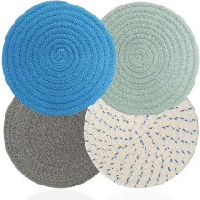 Set van 4 katoenen pannenlappen – Antislip, geïsoleerde onderzetters voor koken en bakken (blauw/groen/grijs/wit, 18 cm)