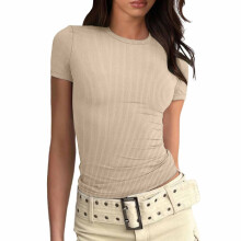 Camisetas YOUSNH para mujer, tops de moda para mujer, camiseta básica ajustada de manga corta, camisas ajustadas, beige XXL