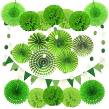 Decoración verde para fiestas de 21 piezas: abanicos de papel, pompones, guirnaldas y banderines de lunares/triángulos – Golf, cumpleaños de