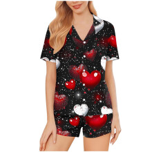 Damen-Pyjama-Set zum Valentinstag, Knopfleiste vorne, Kurzarm, bedrucktes Herzdesign, 95 % Polyester, 5 % Elasthan, Nachtwäsche aus Milchseide